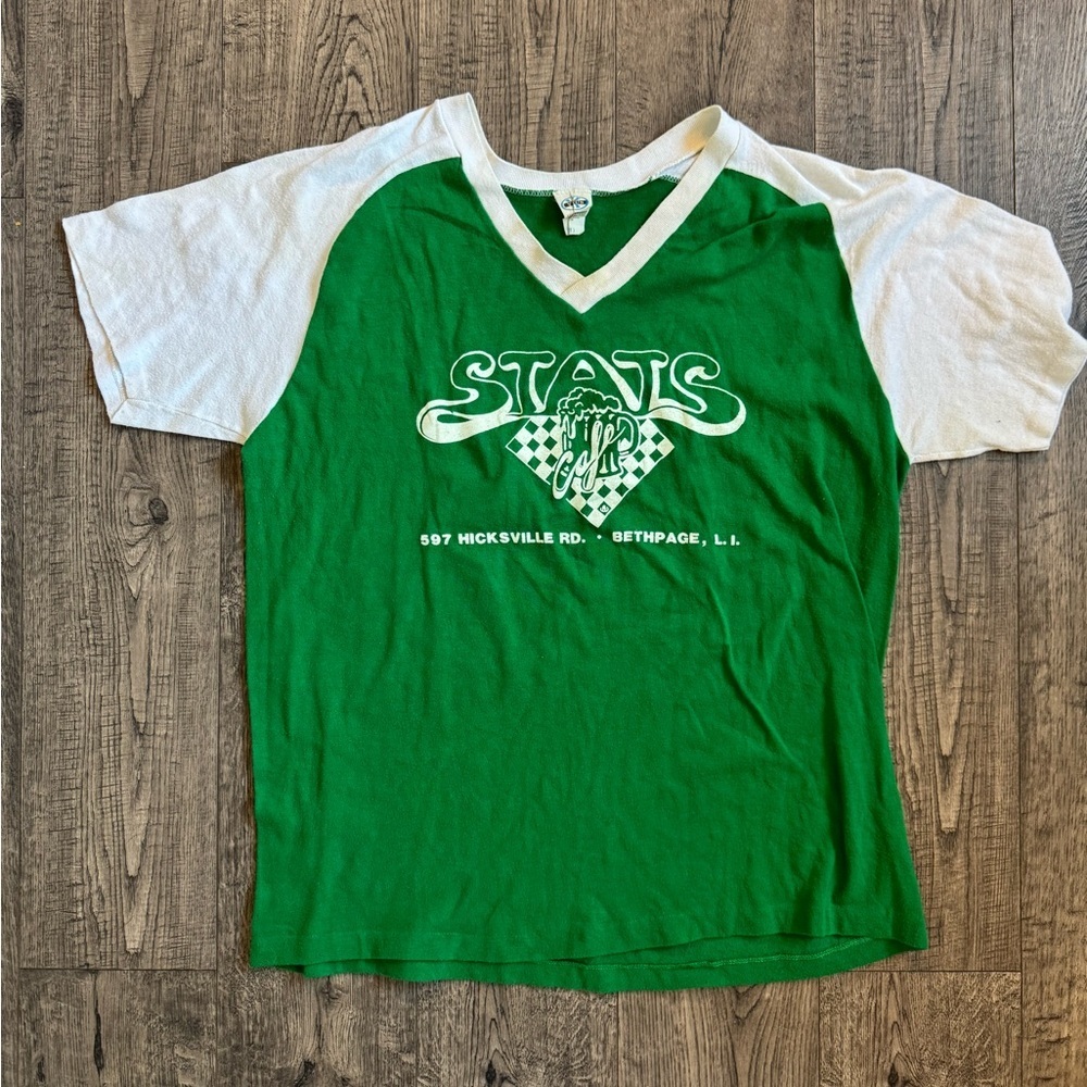 Vintage Green and White 'Stats' Raglan Tee